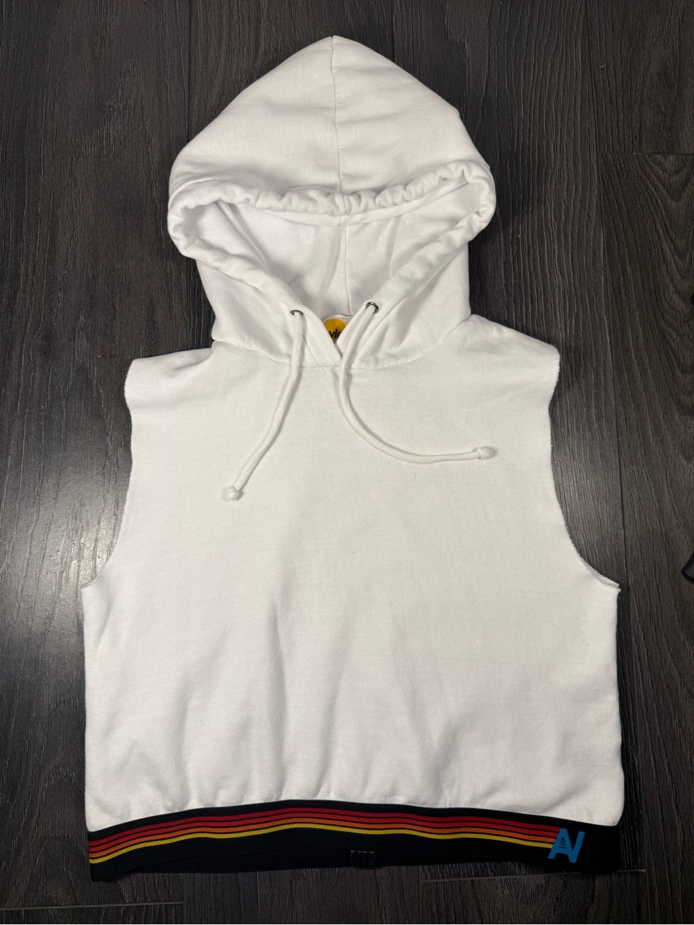 Aviator Nation White Sleeveless Hoodie with Rainbow Stripe Hem
